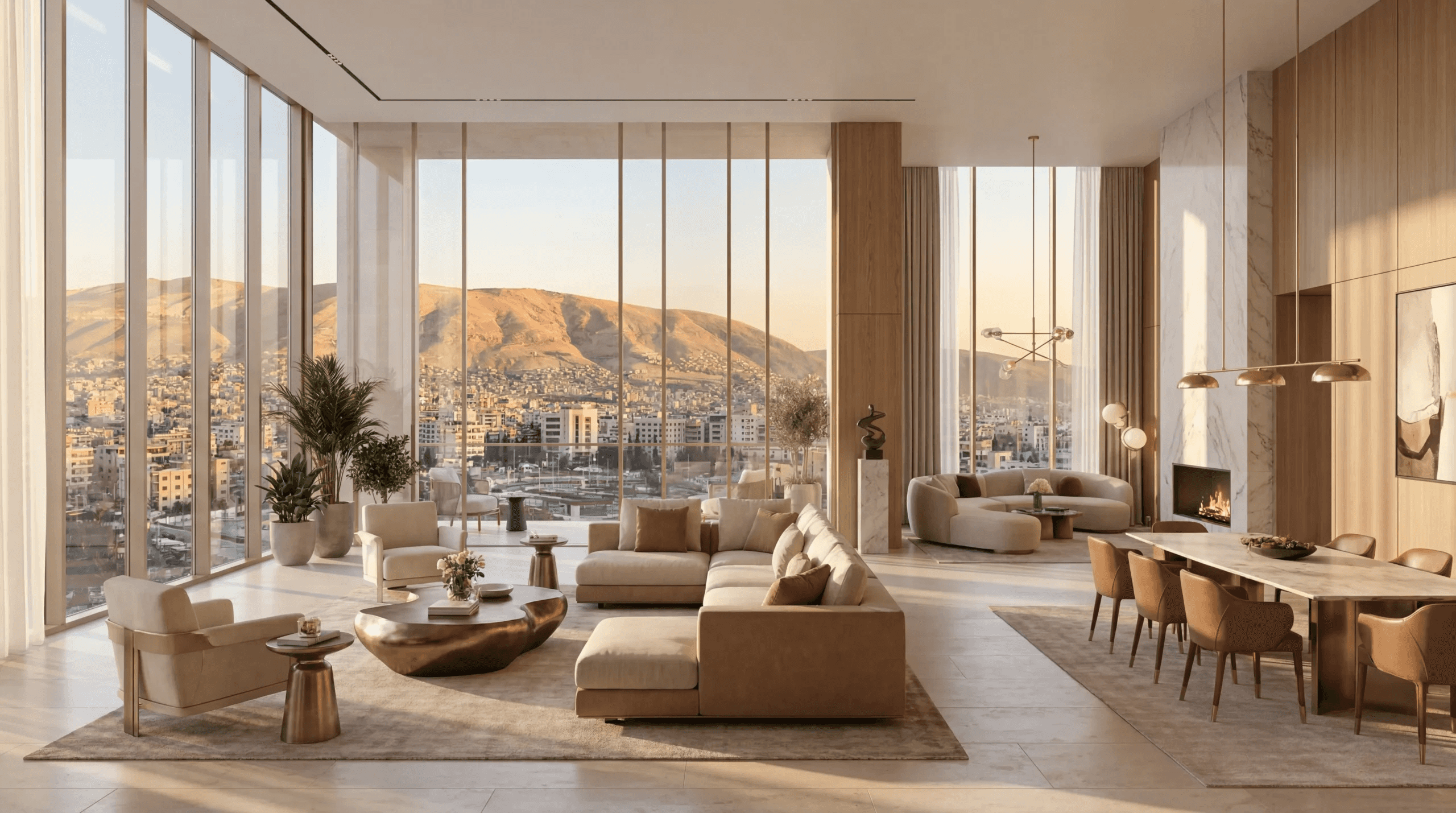 Apartment living room with full-height windows overlooking Damascus and the mountains