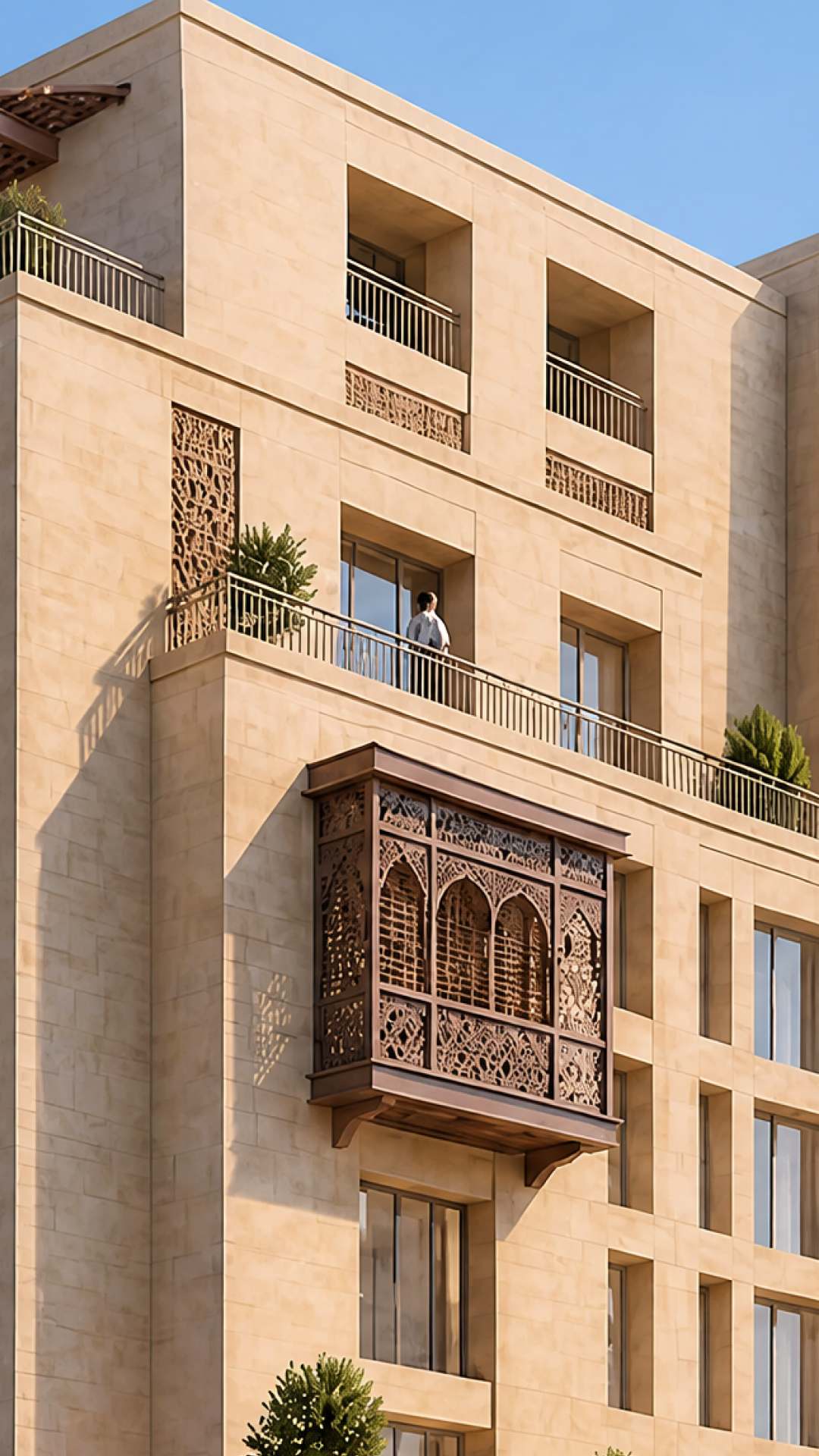 Stone façade with a carved mashrabiya balcony at Damascus Heights