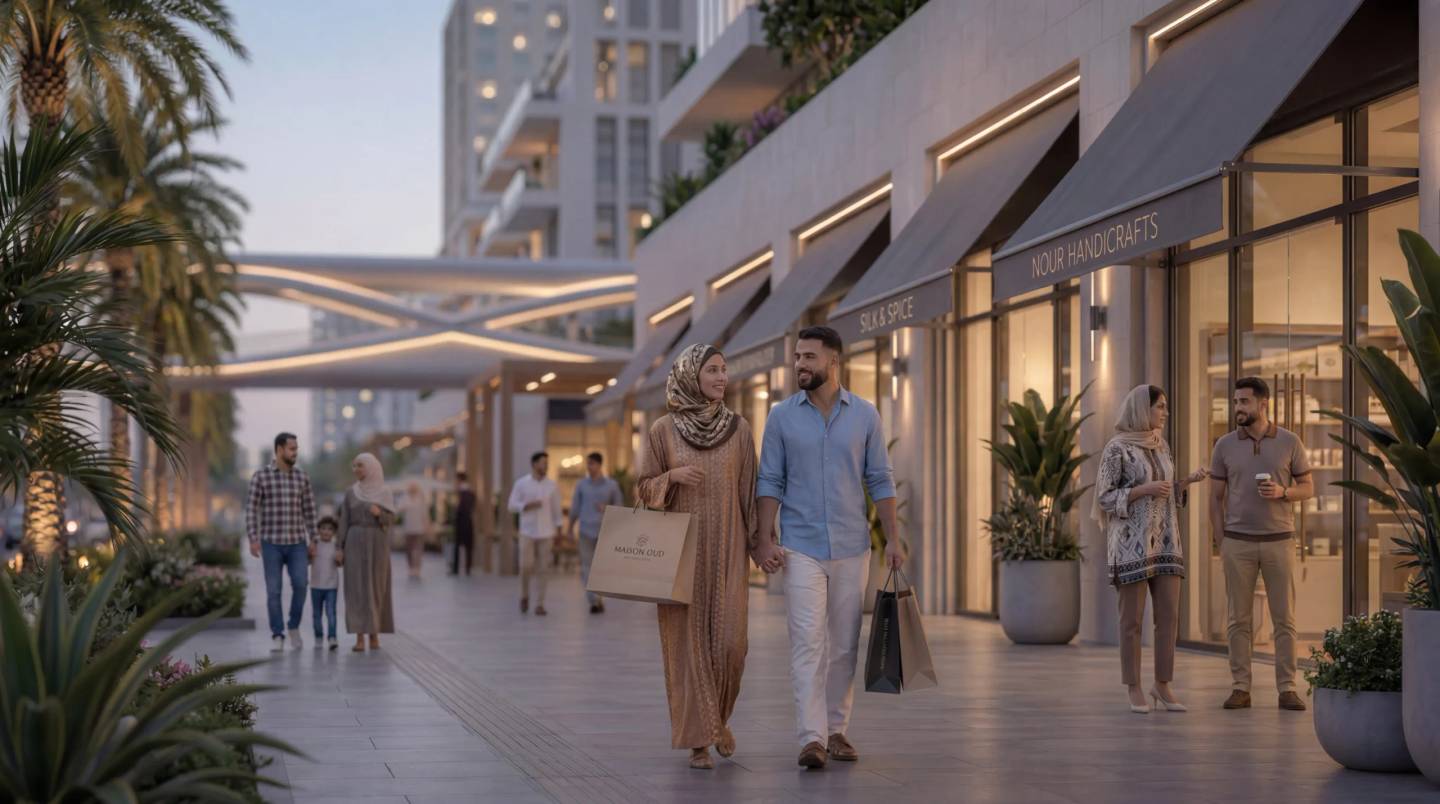 Palm-lined retail boulevard with residents walking beneath shop awnings