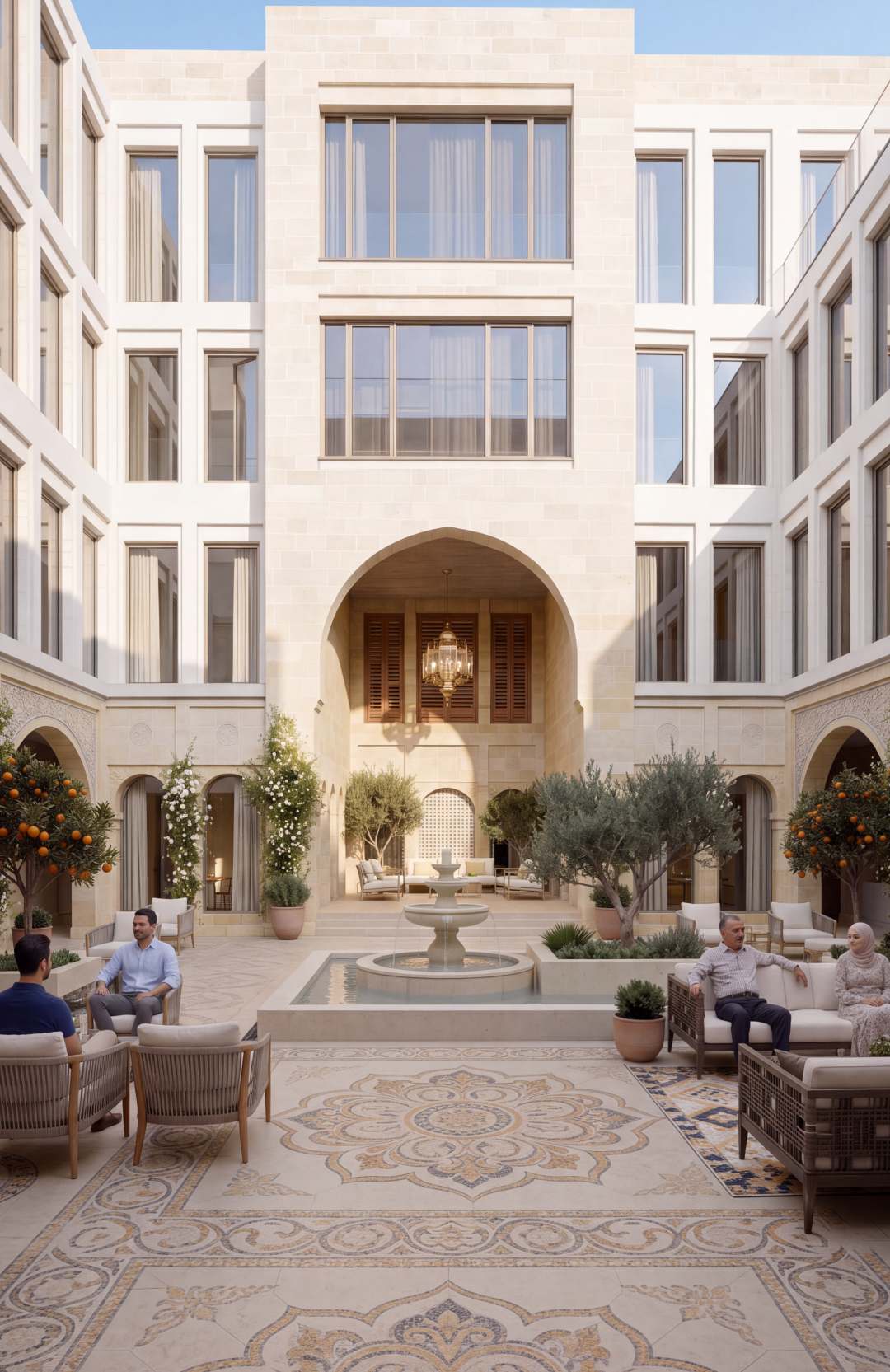 Residents gathered around a fountain in a stone courtyard at Damascus Heights