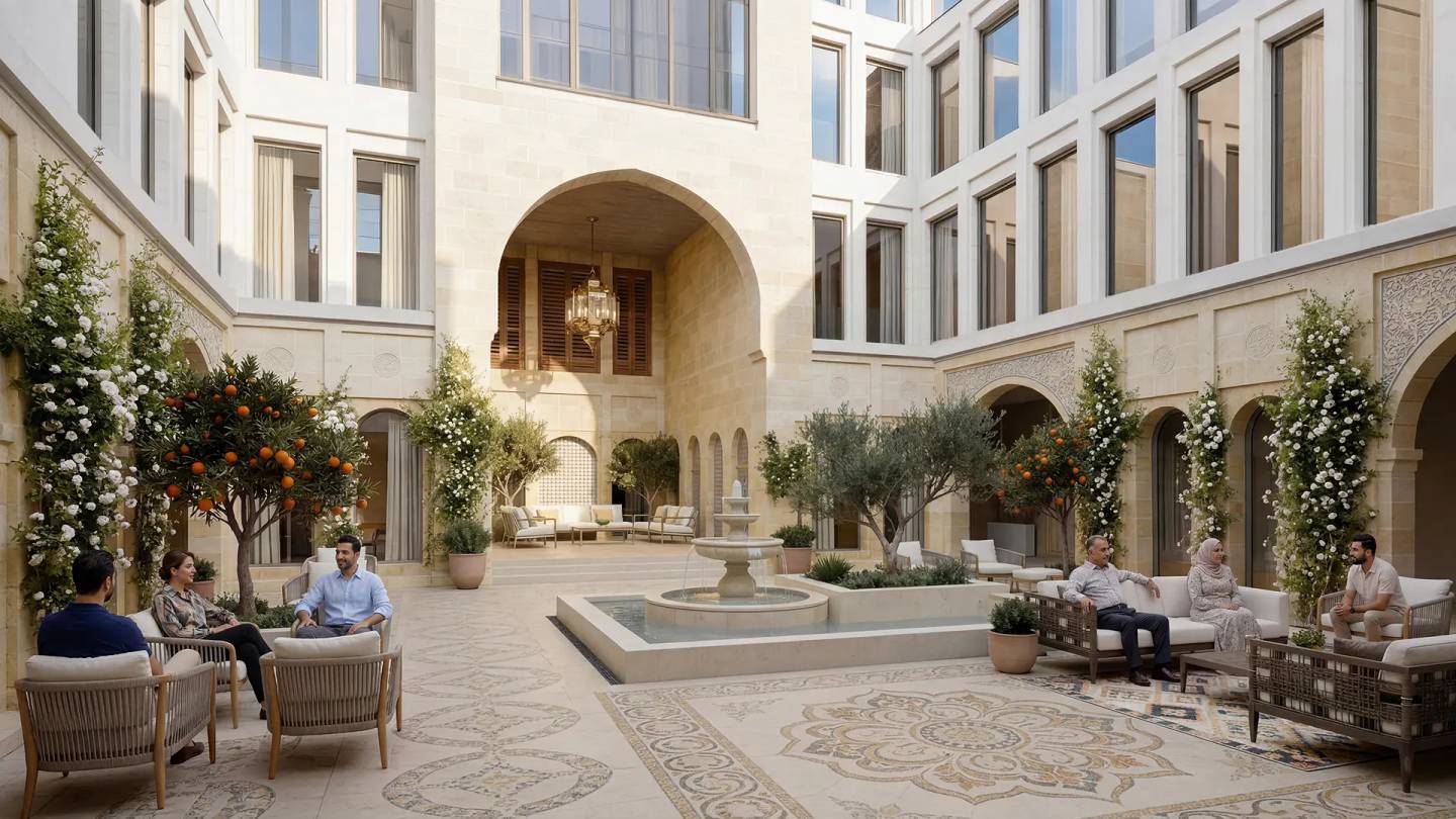 Residents gathered around a fountain in a stone courtyard at Damascus Heights