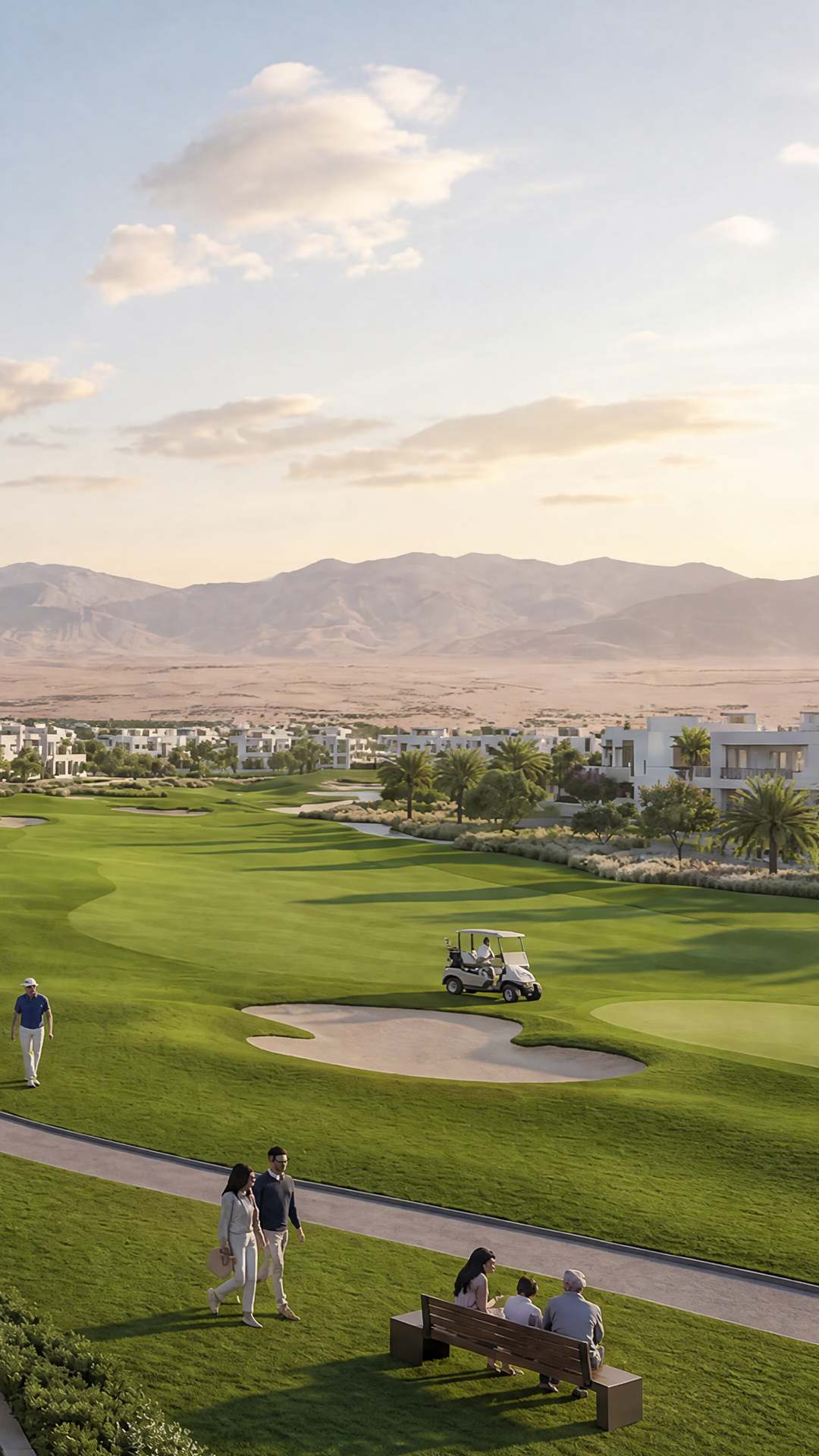 Golf course and open landscape framed by the mountains at dusk