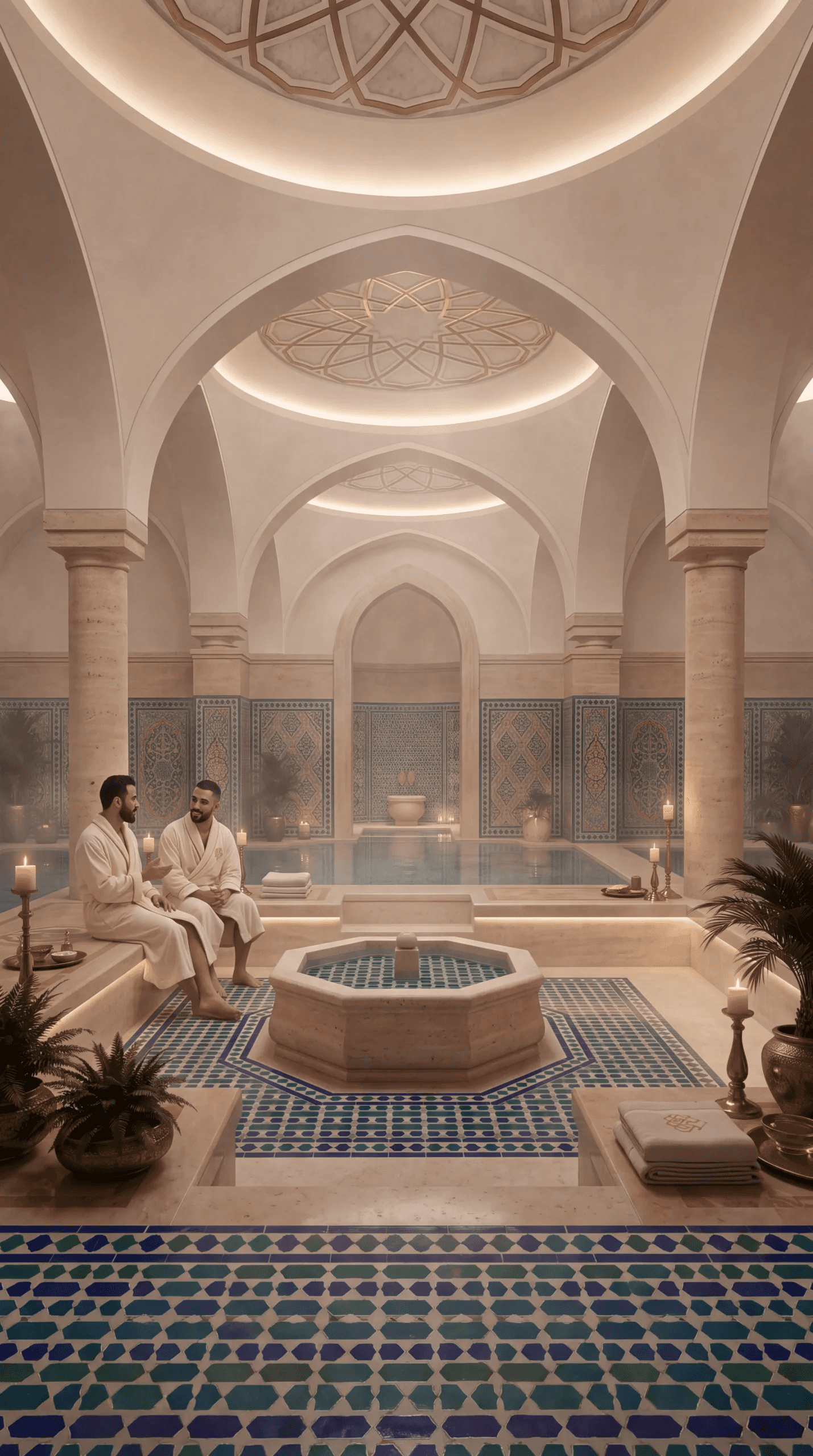 Vaulted spa interior with a central fountain and patterned tile floor