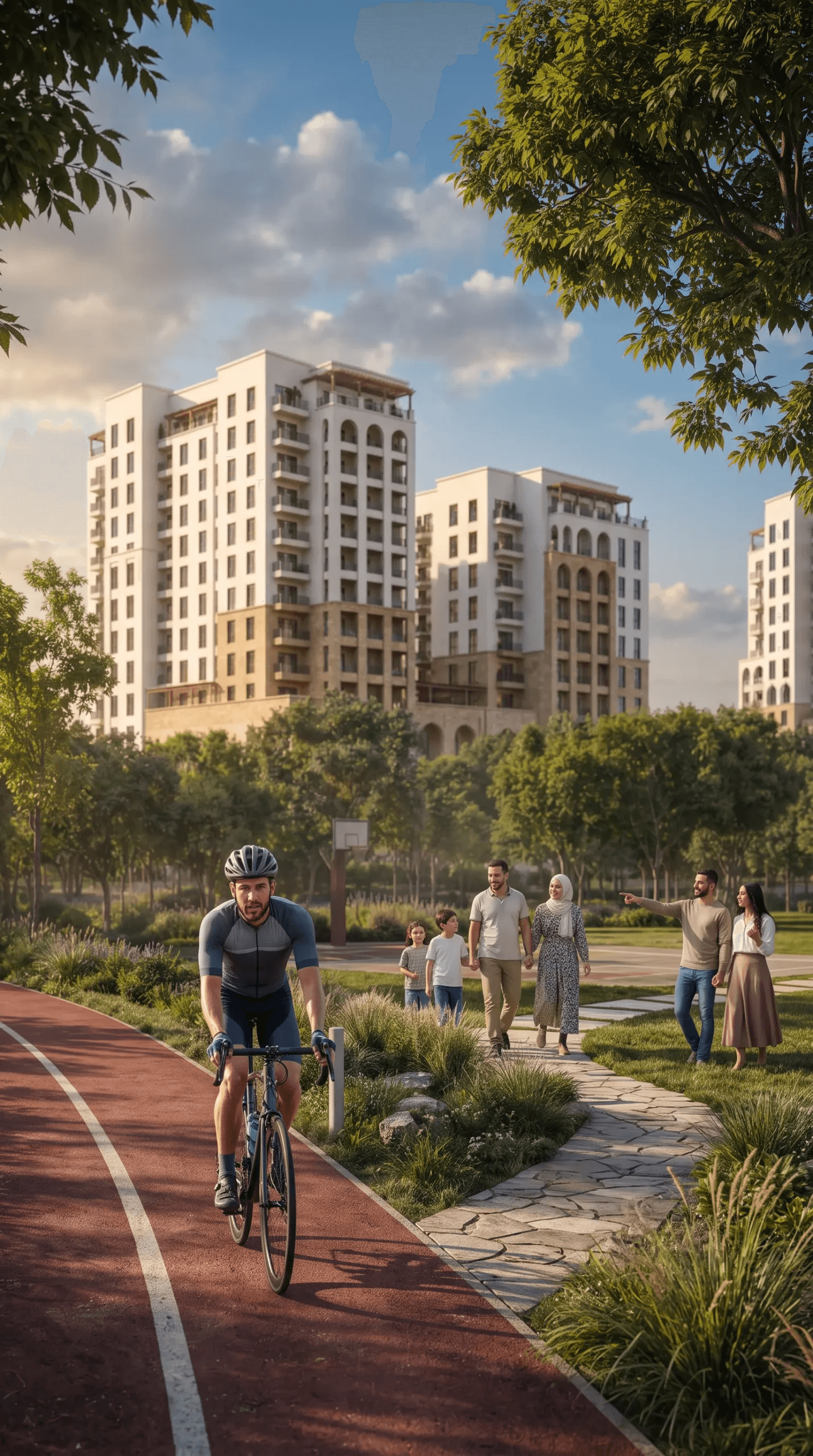 Tree-lined cycling and walking promenade through the Damascus Heights district