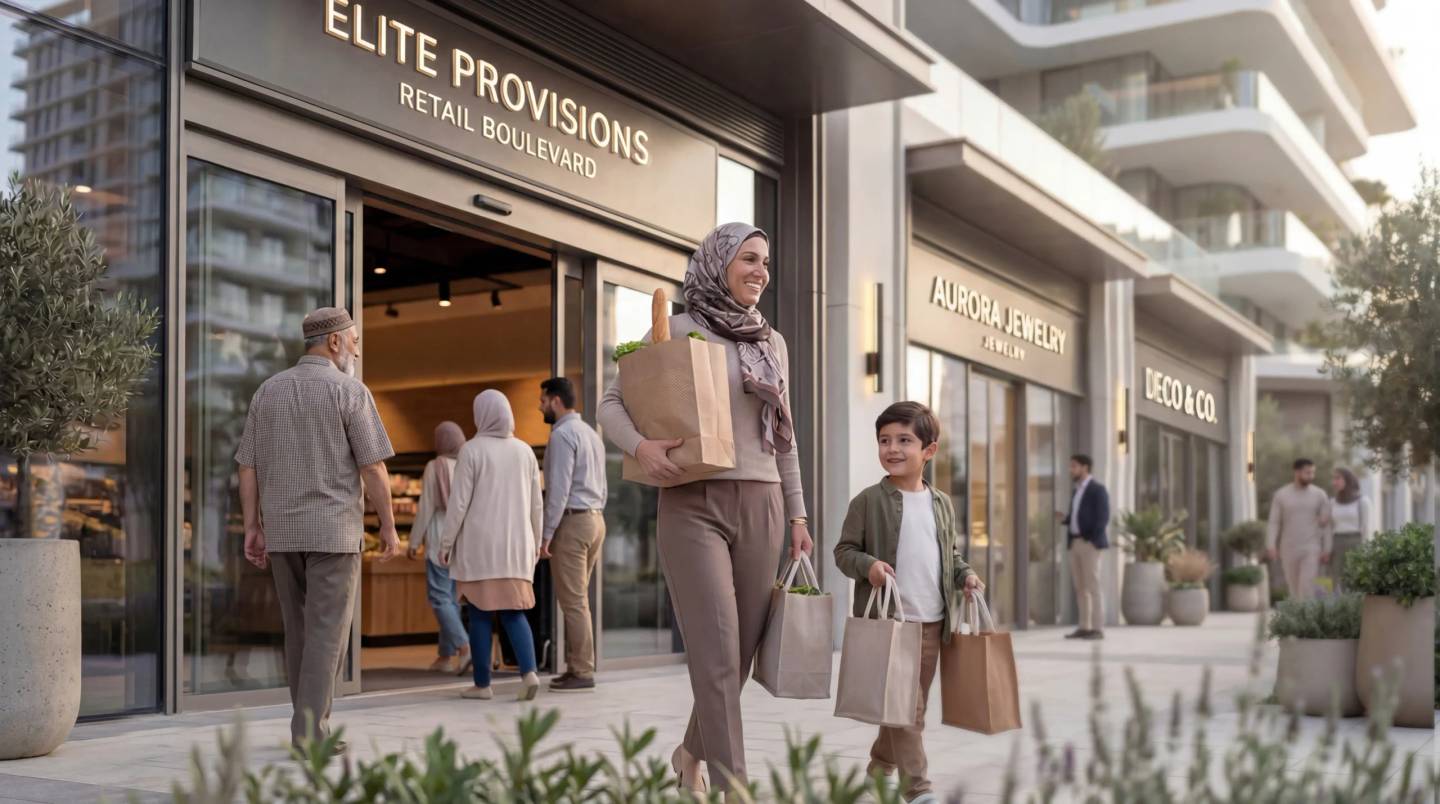 Families shopping along the retail street at Damascus Heights