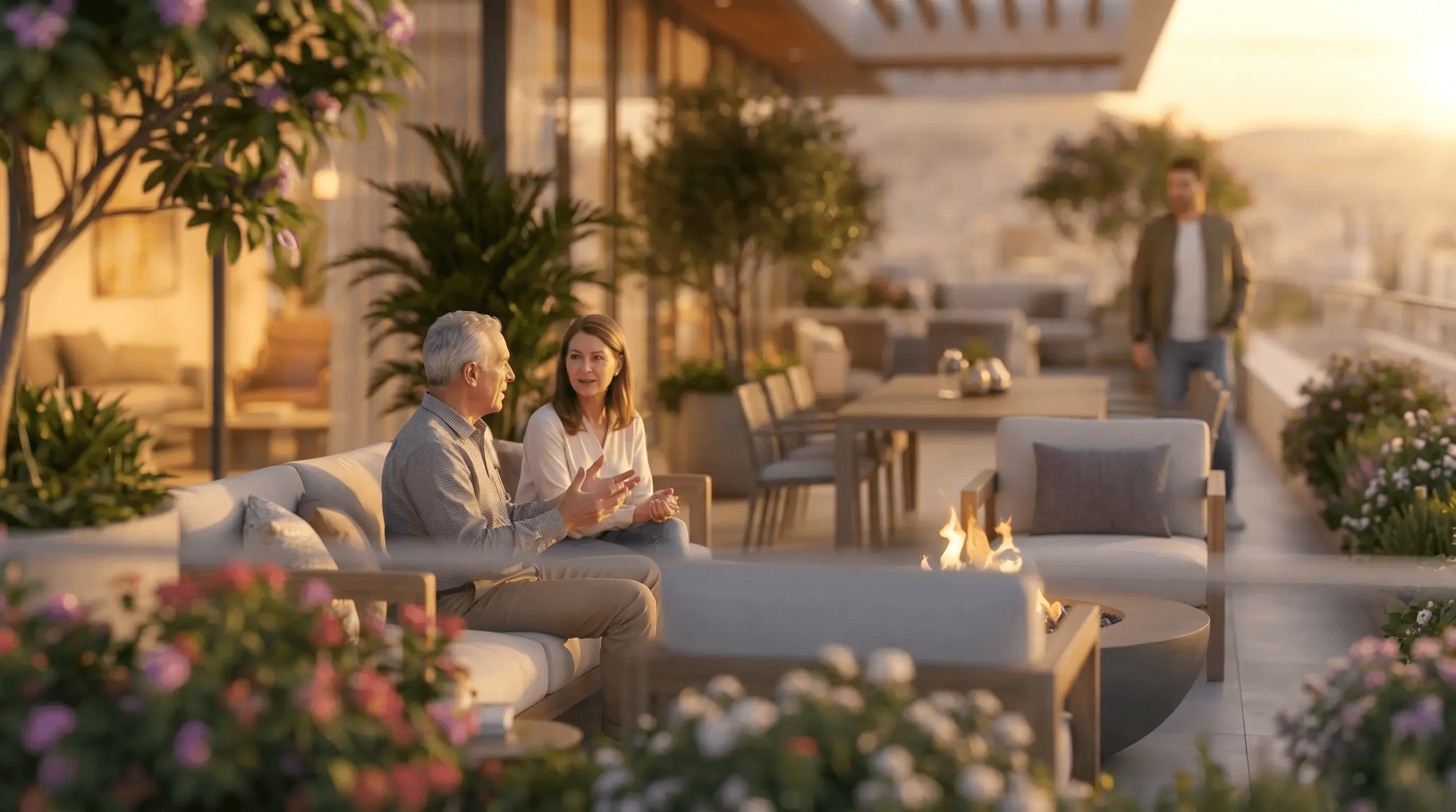 Rooftop terrace with a fire pit and planting overlooking Damascus at dusk