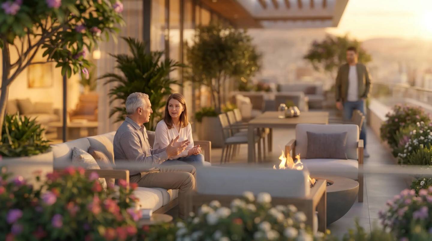 Rooftop terrace with a fire pit and planting overlooking Damascus at dusk