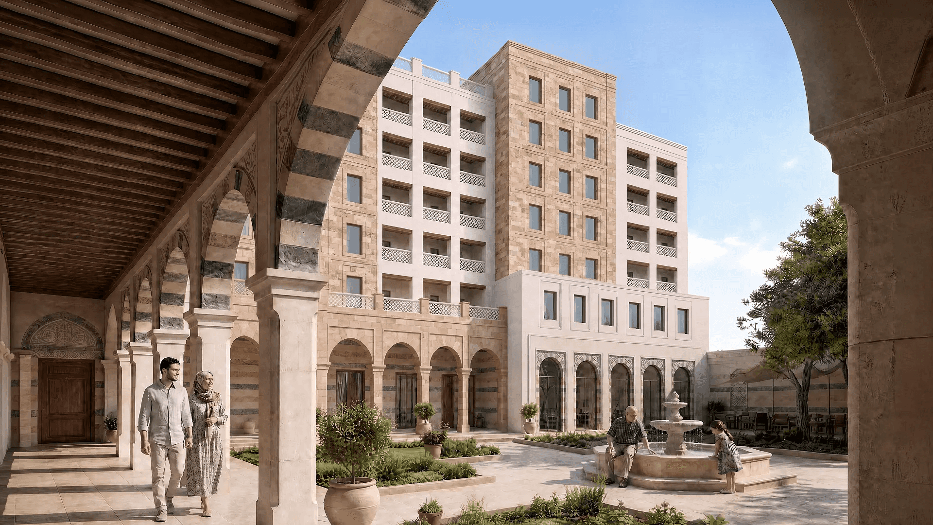Row of limestone townhouses facing a landscaped garden at Damascus Heights