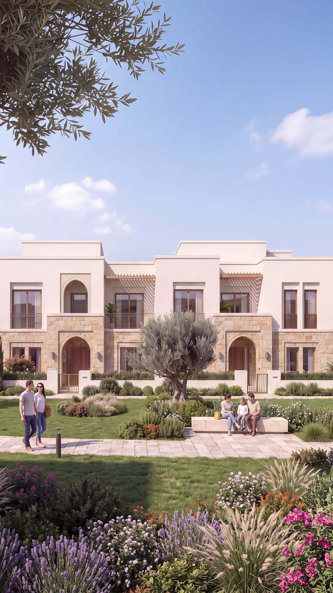 Row of limestone townhouses facing a landscaped garden at Damascus Heights