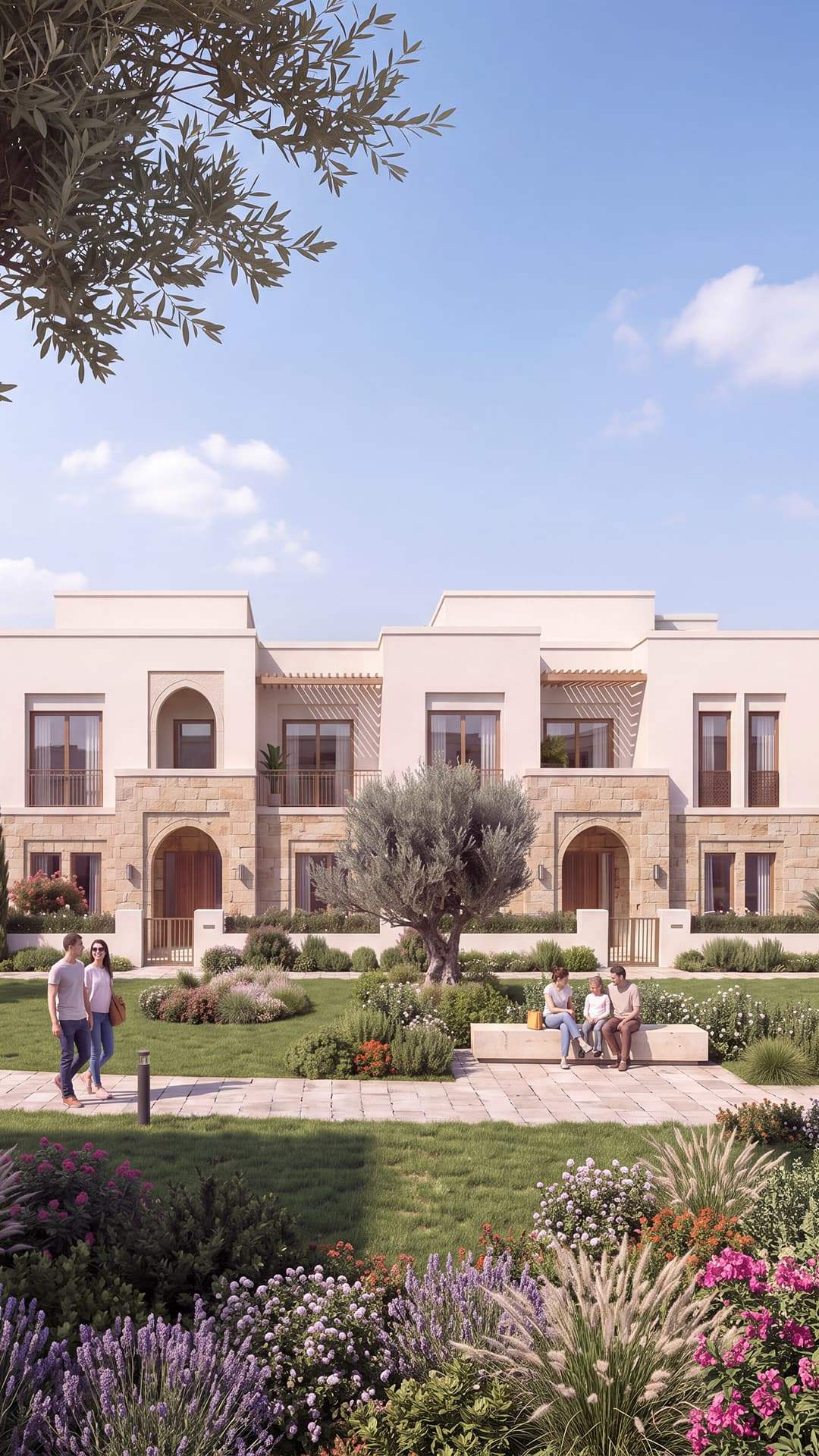 Row of limestone townhouses facing a landscaped garden at Damascus Heights